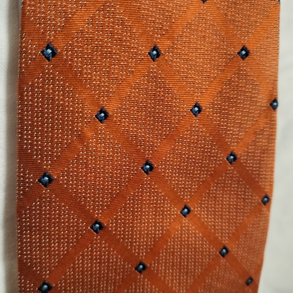 Brooks Basics Orange Tie with Blue Diamond Pattern Silk Necktie Formal Business - Picture 9 of 9